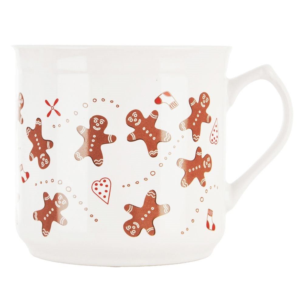 White ceramic mug with gingerbread motif, dishwasher & microwave safe