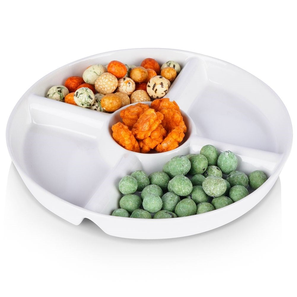 White ceramic serving dish with five sections for snacks
