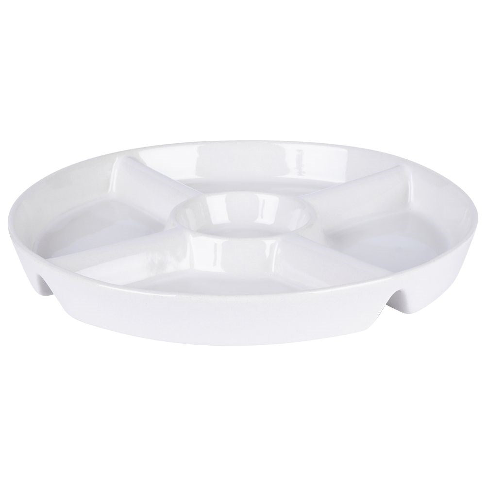 White ceramic serving dish with five sections for snacks