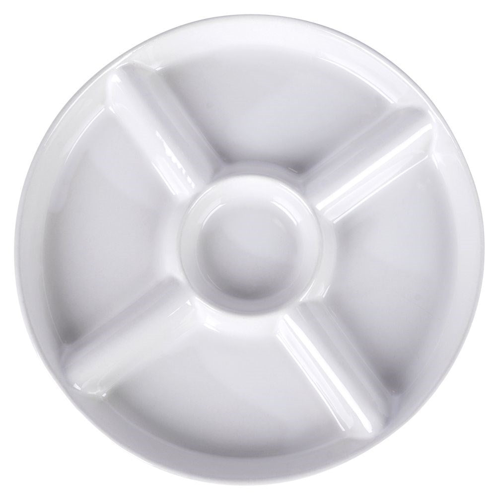 White ceramic serving dish with five sections for snacks