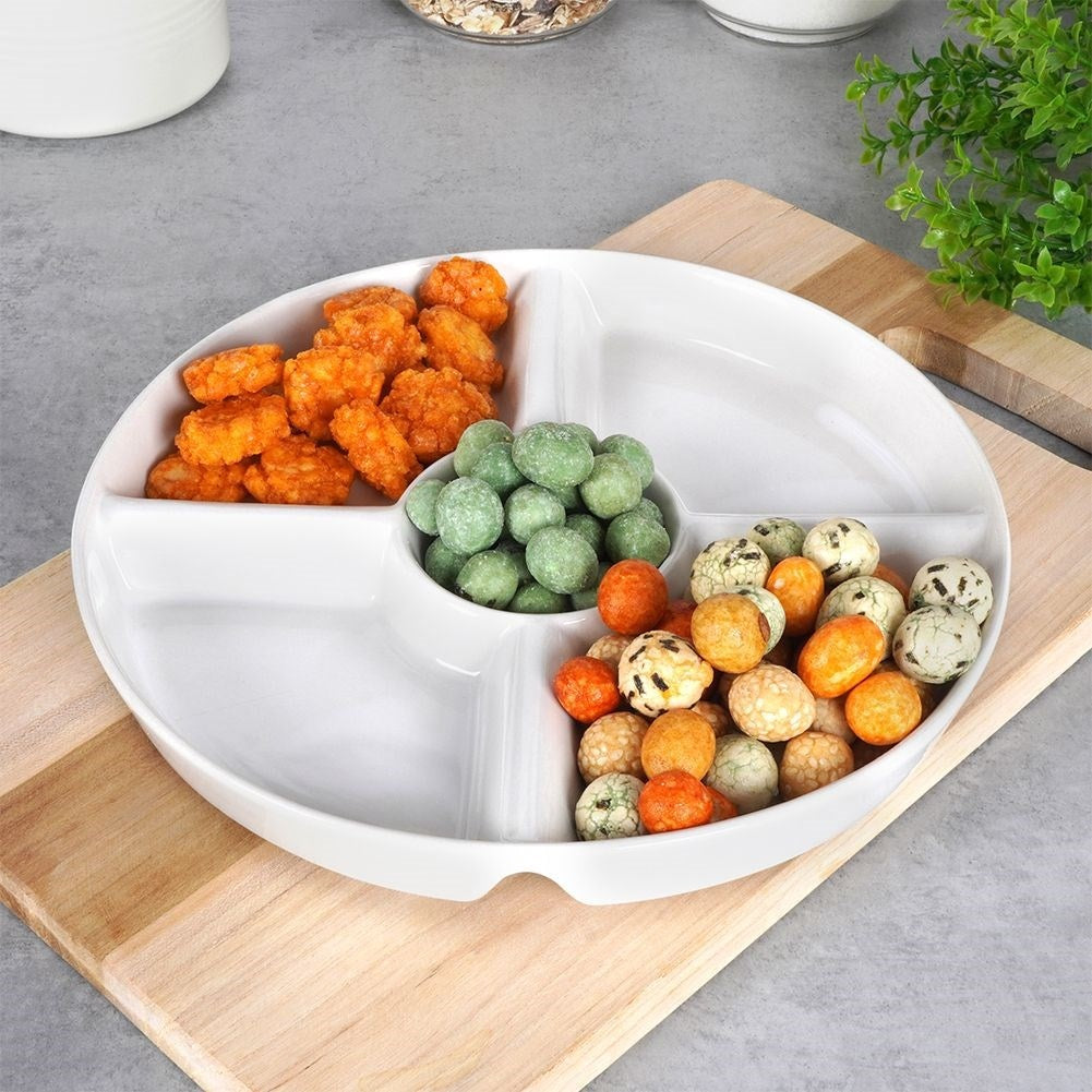 White ceramic serving dish with five sections for snacks