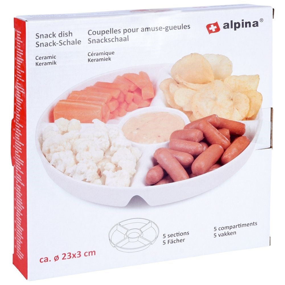 White ceramic serving dish with five sections for snacks