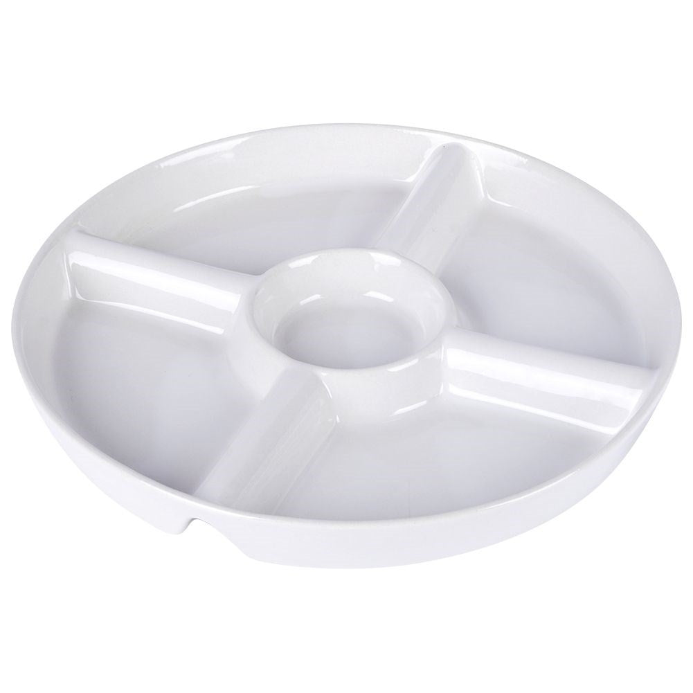 White ceramic serving dish with five sections for snacks