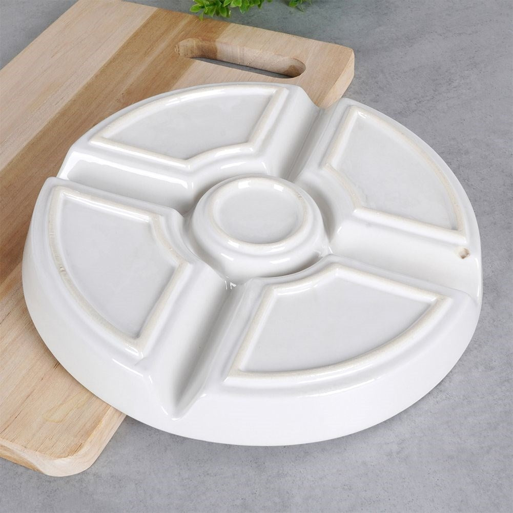 White ceramic serving dish with five sections for snacks