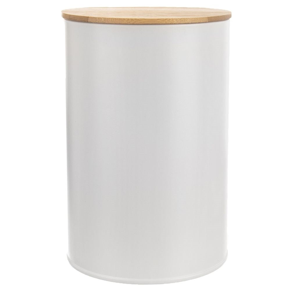 White metal container with bamboo lid and silicone seal