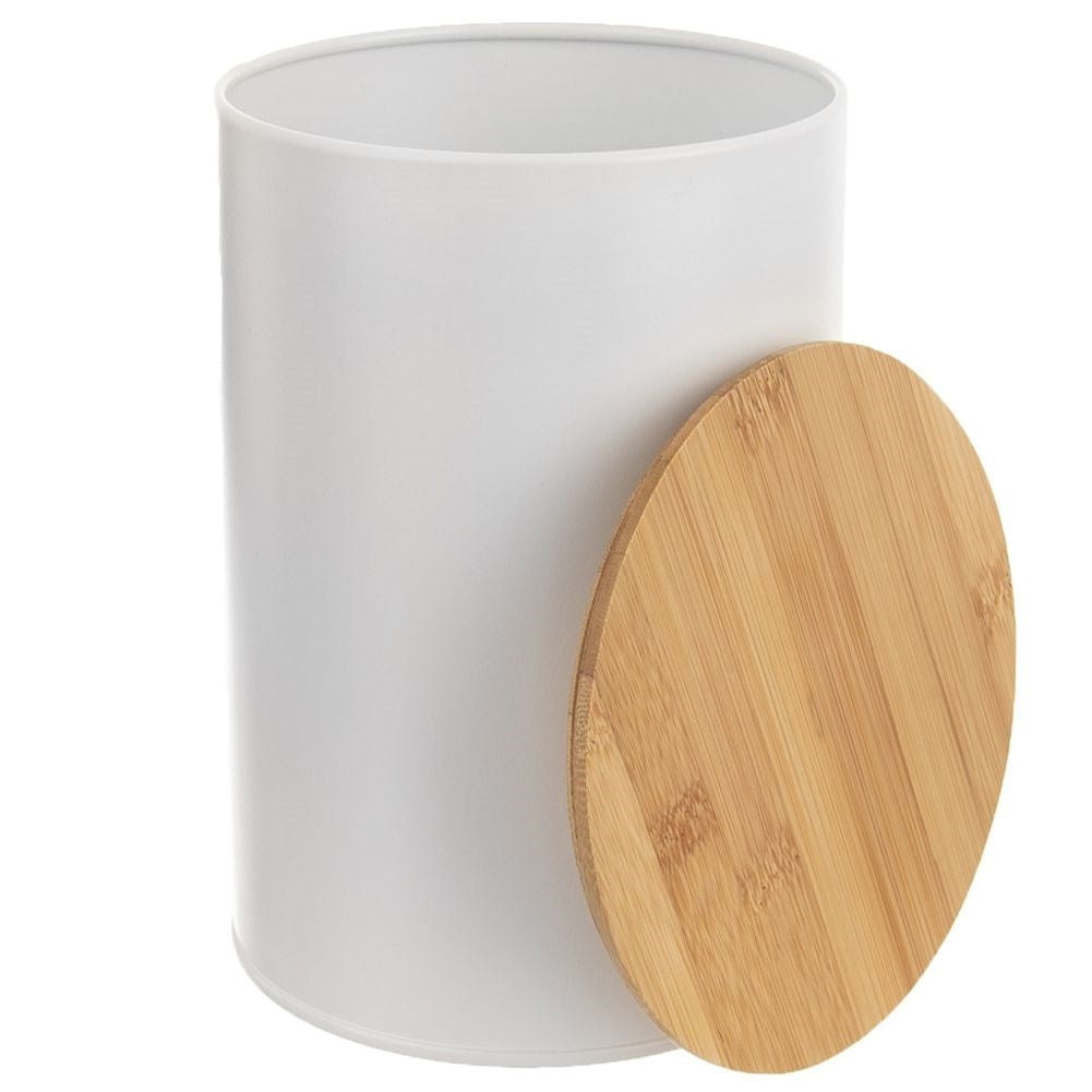 White metal container with bamboo lid and silicone seal