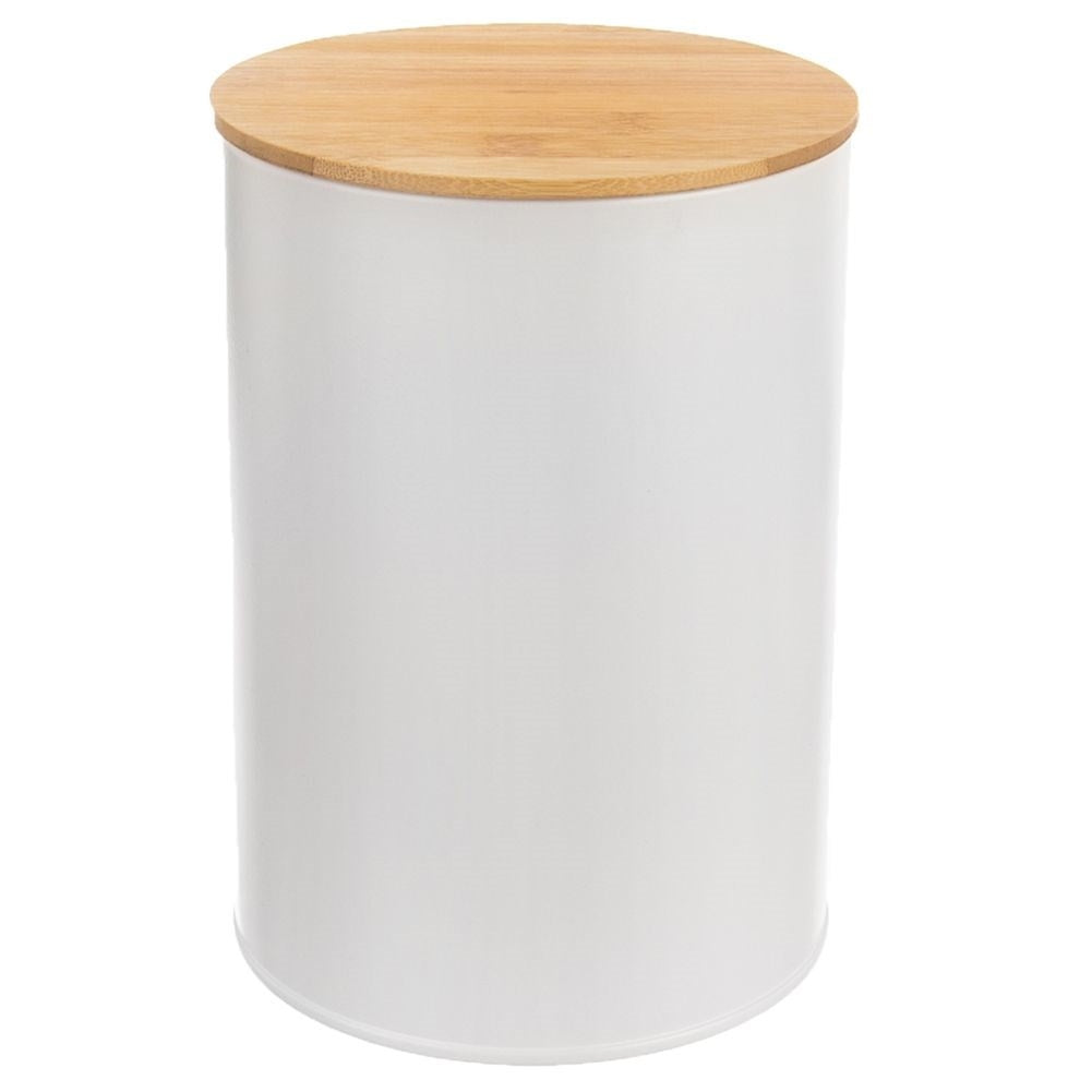 White metal container with bamboo lid and silicone seal