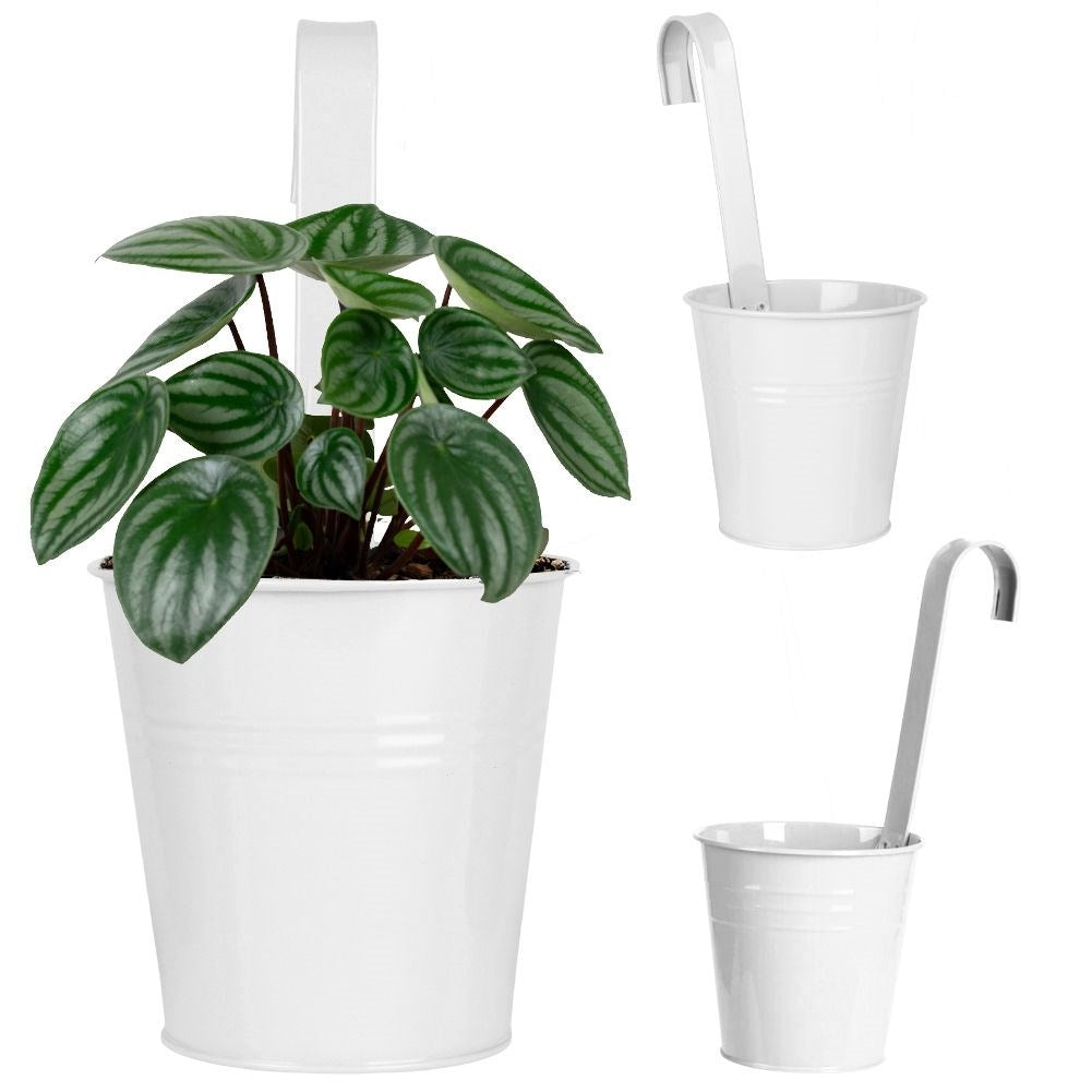 White metal pot with handle for balcony and terrace