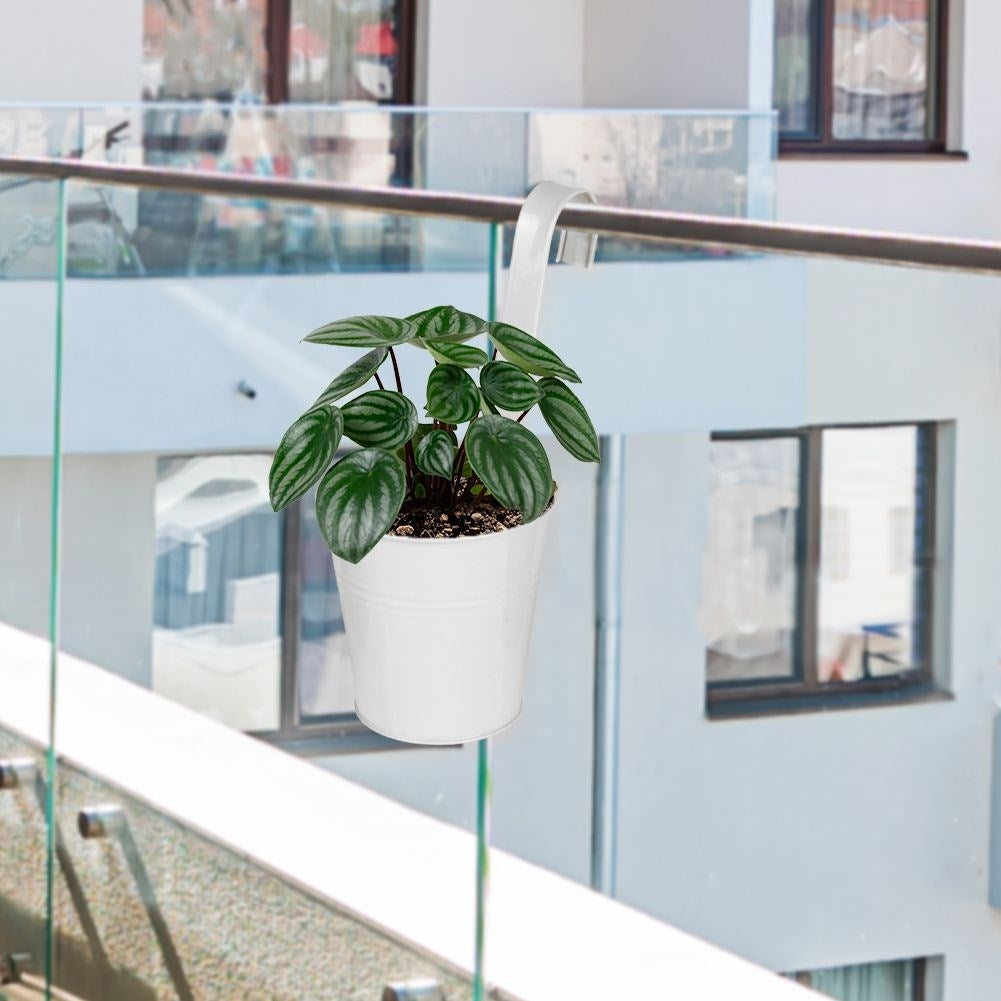 White metal pot with handle for balcony and terrace