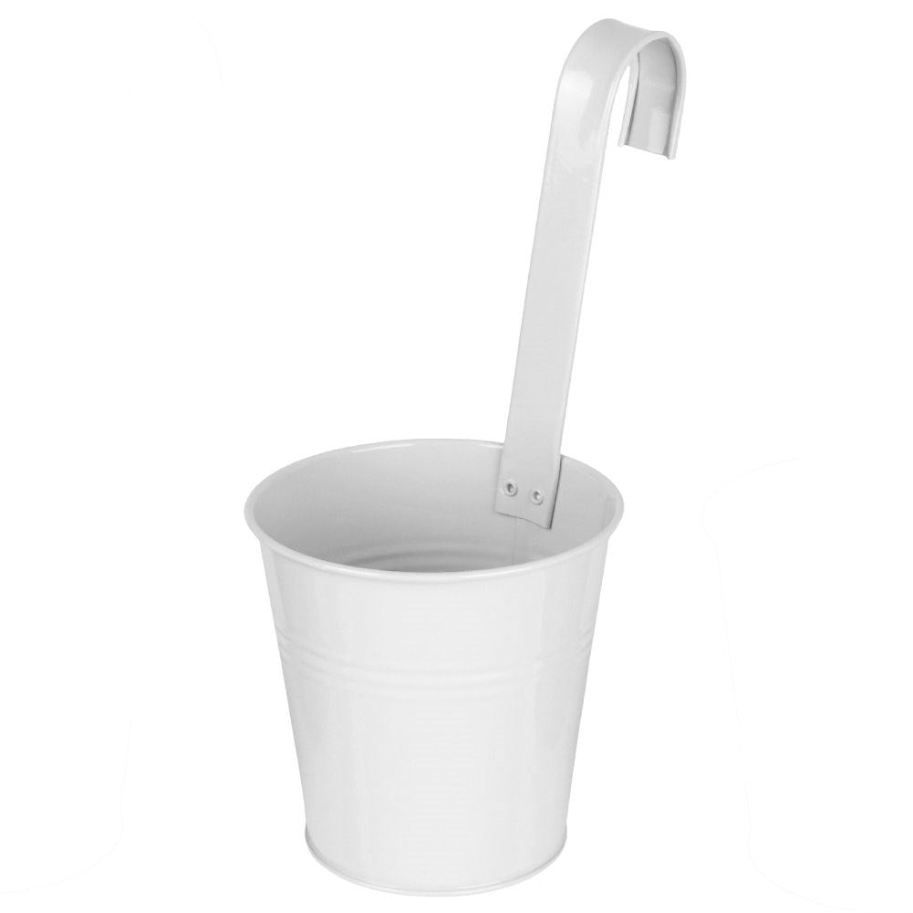 White metal pot with handle for balcony and terrace
