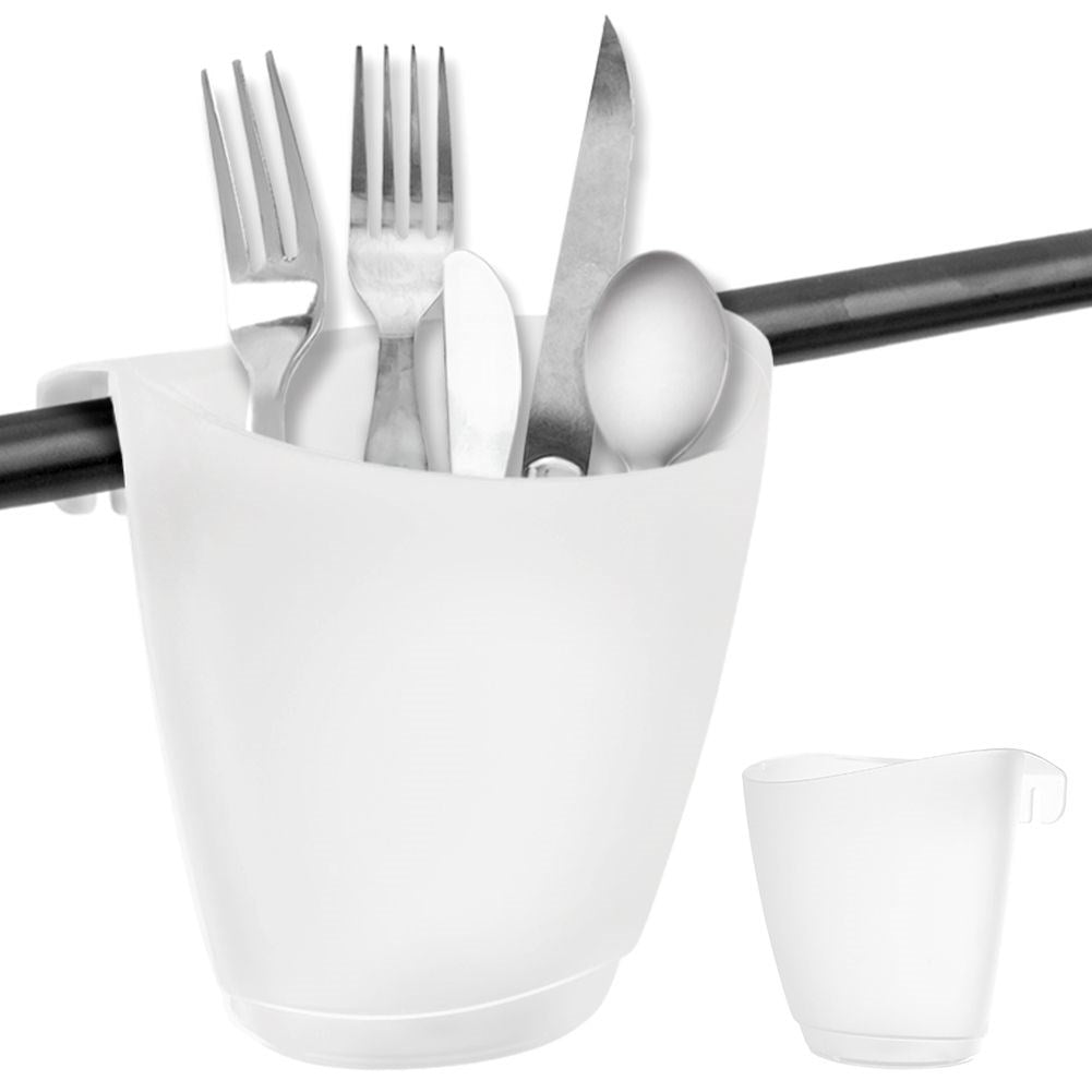 White plastic container for cutlery, drain and railing