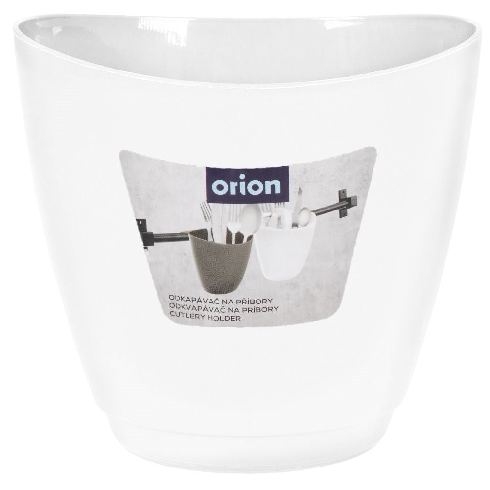 White plastic container for cutlery, drain and railing
