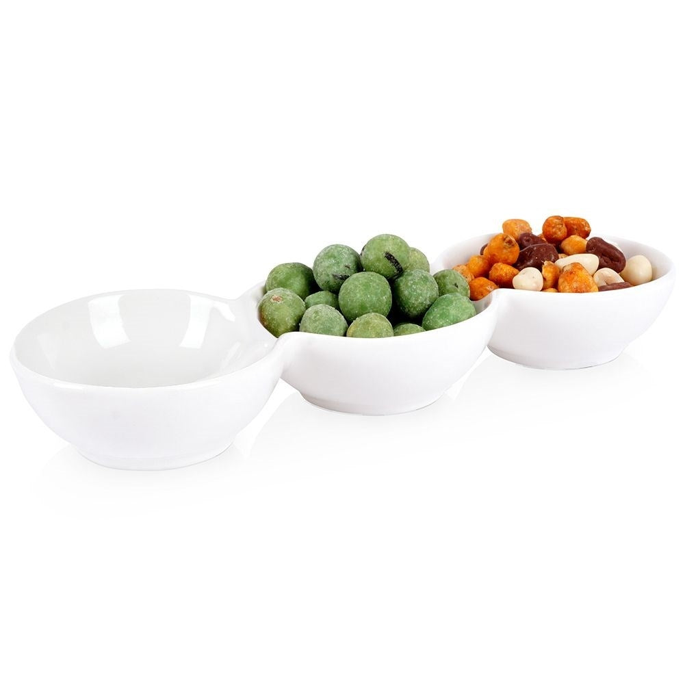 White porcelain bowl with three compartments for snacks and dip
