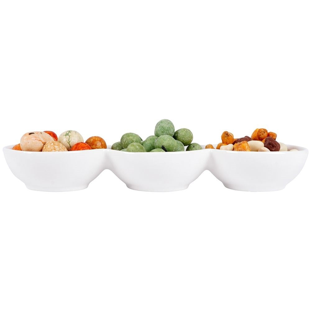 White porcelain bowl with three compartments for snacks and dip