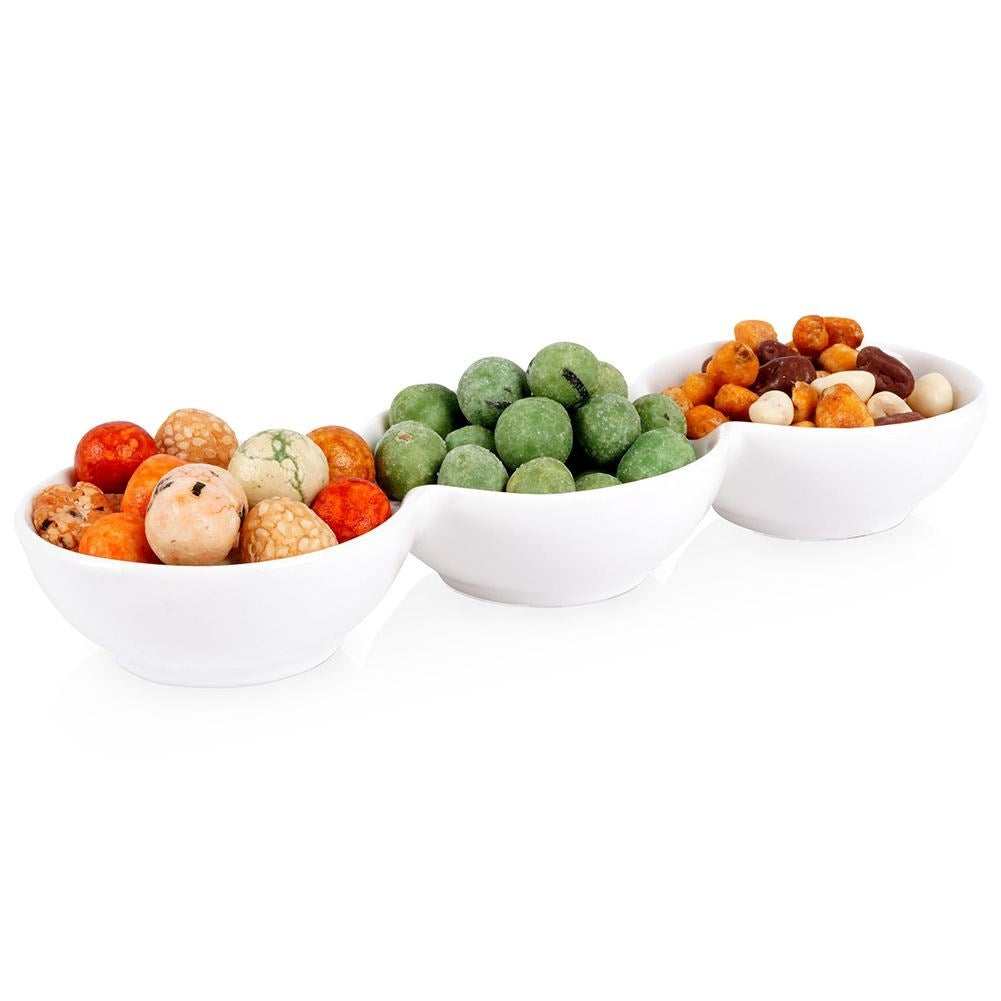 White porcelain bowl with three compartments for snacks and dip