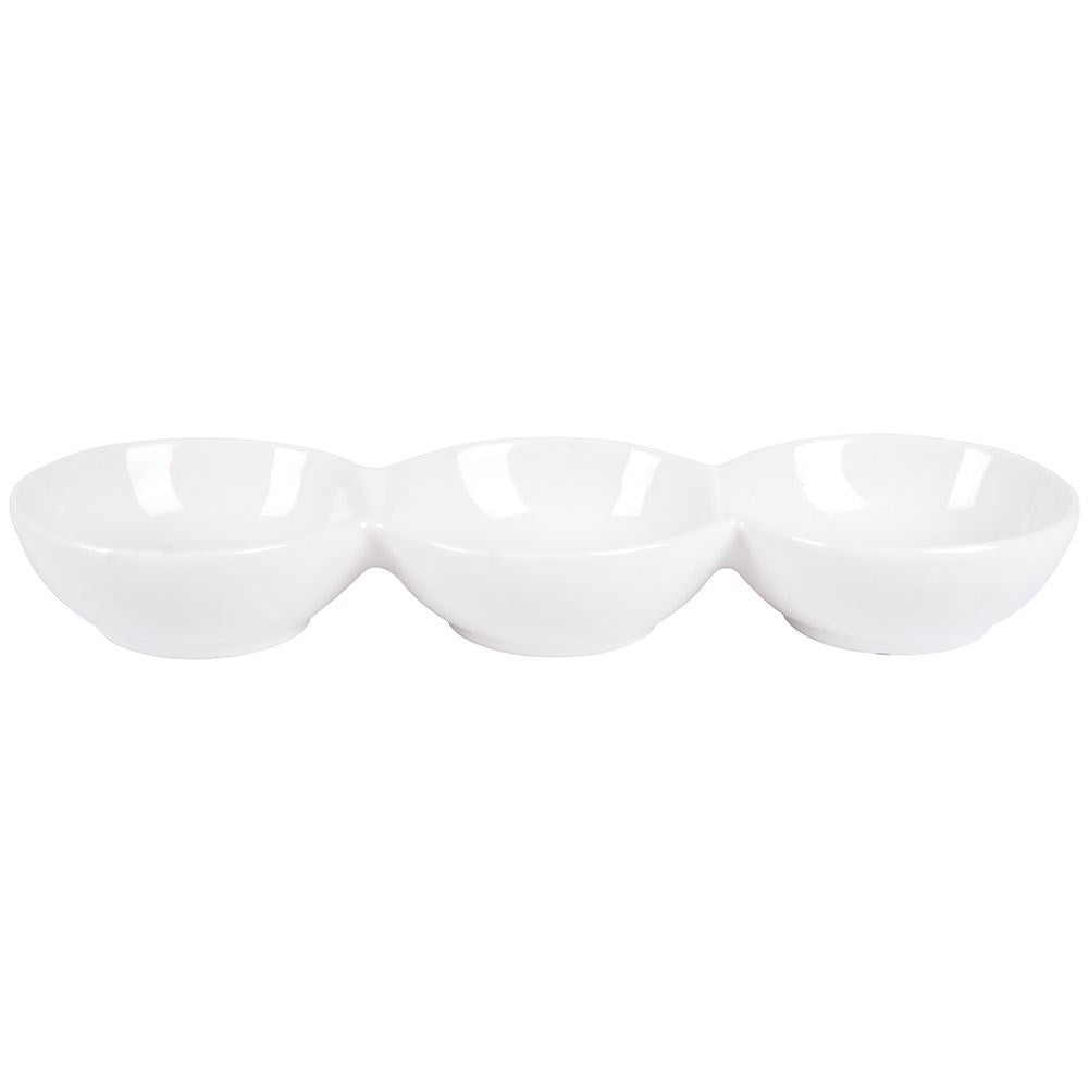 White porcelain bowl with three compartments for snacks and dip