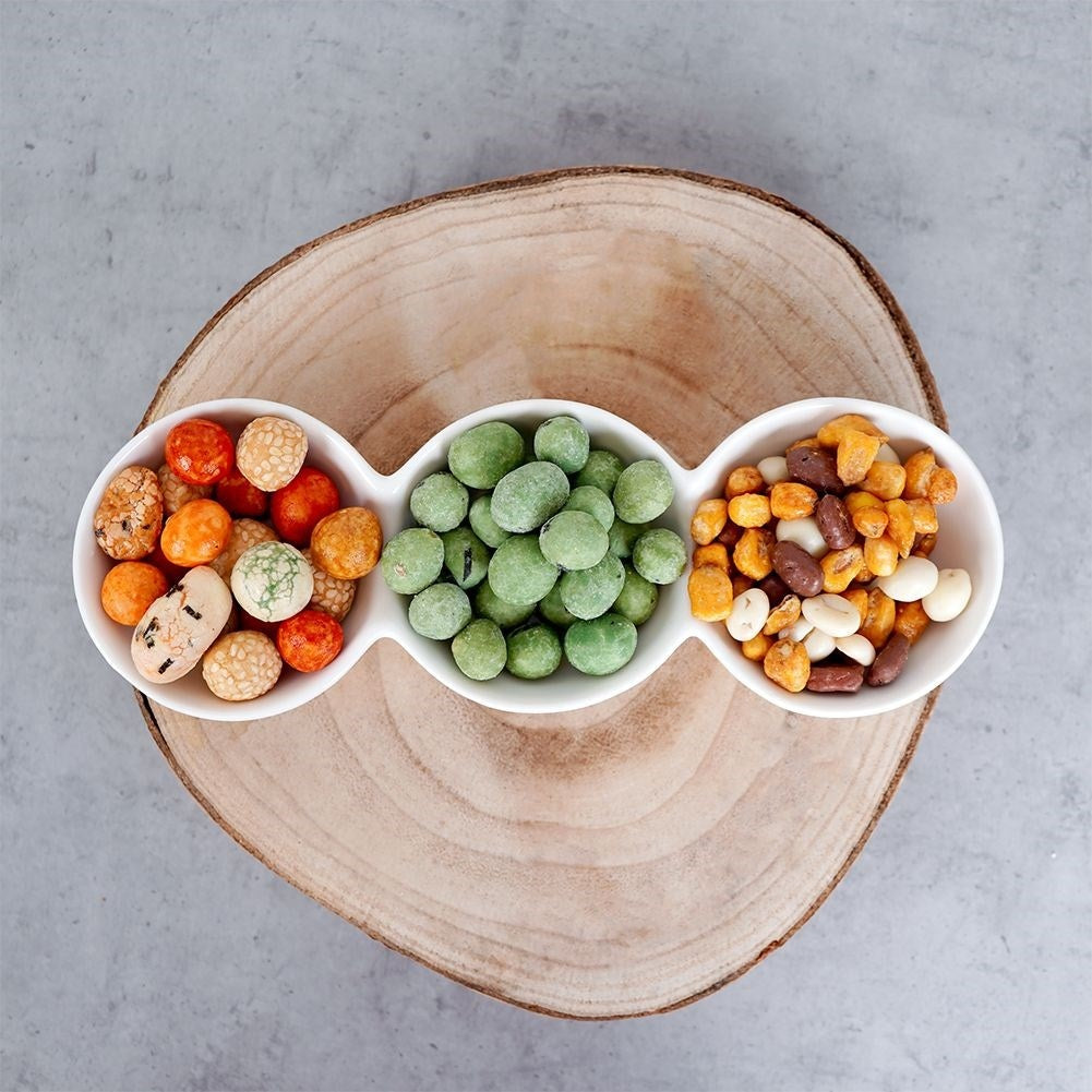 White porcelain bowl with three compartments for snacks and dip