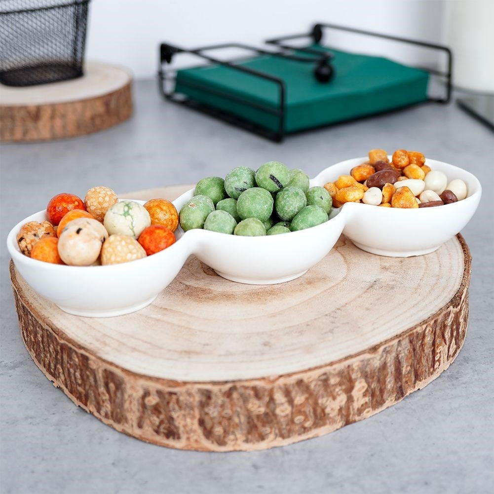 White porcelain bowl with three compartments for snacks and dip