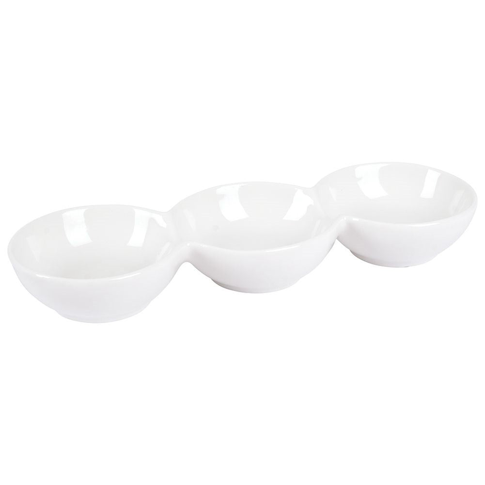 White porcelain bowl with three compartments for snacks and dip