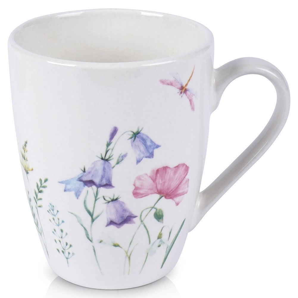 White porcelain cup with floral design, comfortable handle, dishwasher safe