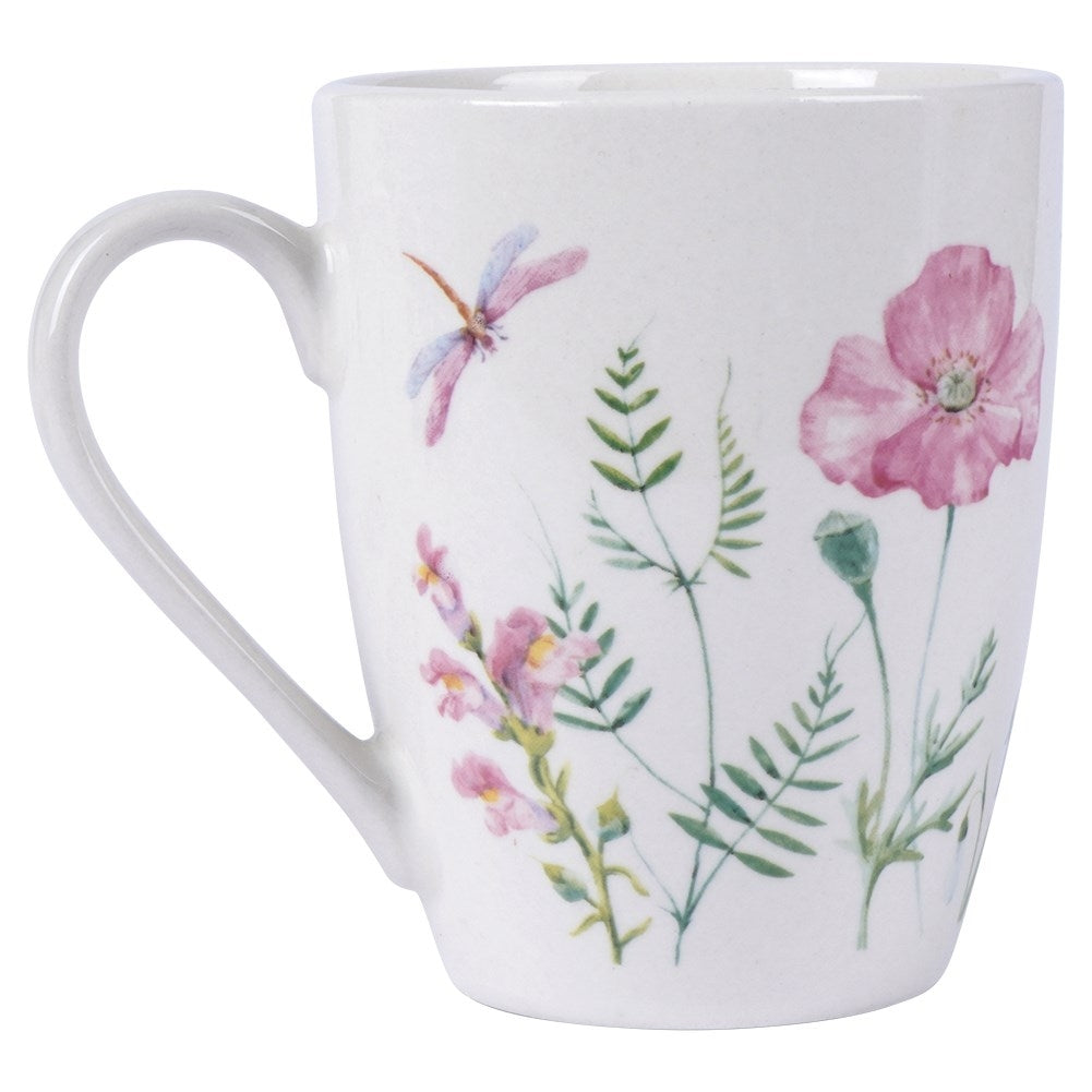 White porcelain cup with floral design, comfortable handle, dishwasher safe