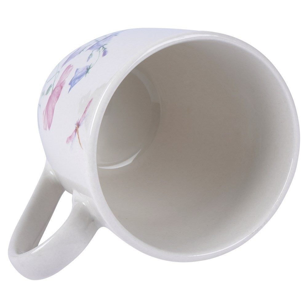 White porcelain cup with floral design, comfortable handle, dishwasher safe