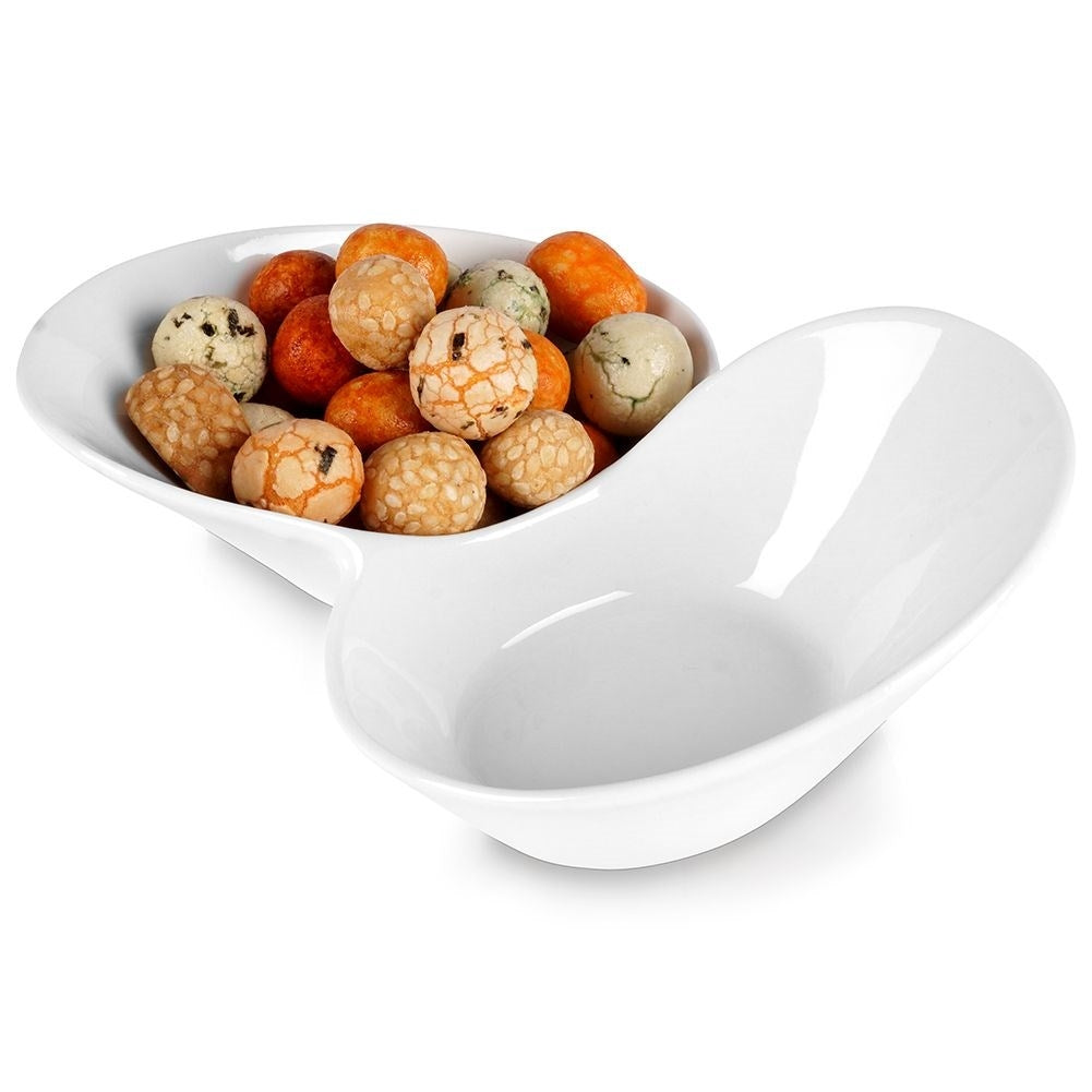 White porcelain snack bowl with two separate compartments