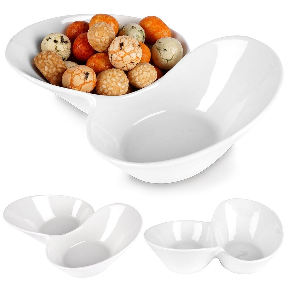 White porcelain snack bowl with two separate compartments