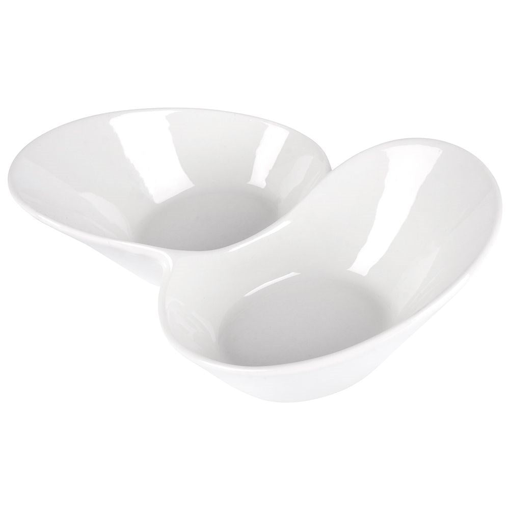 White porcelain snack bowl with two separate compartments