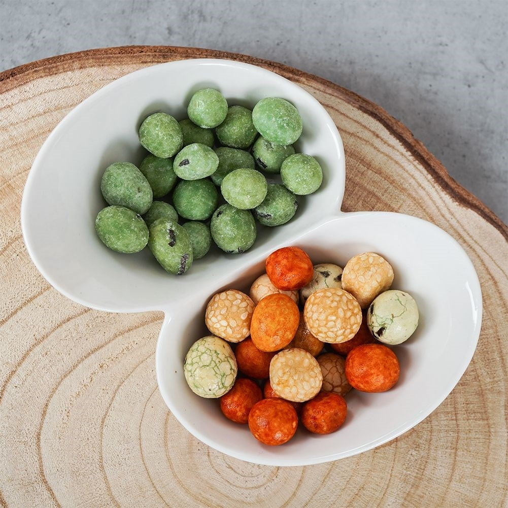 White porcelain snack bowl with two separate compartments