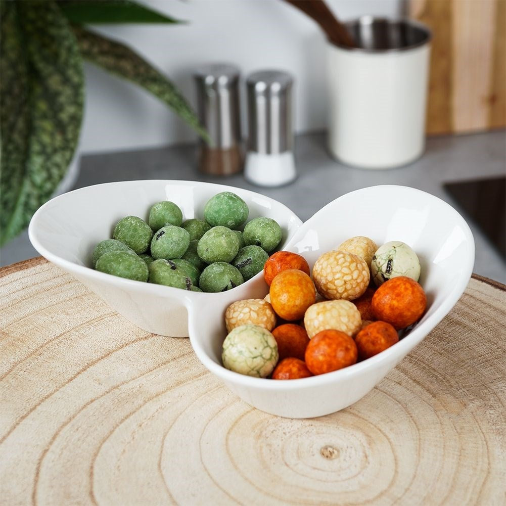 White porcelain snack bowl with two separate compartments