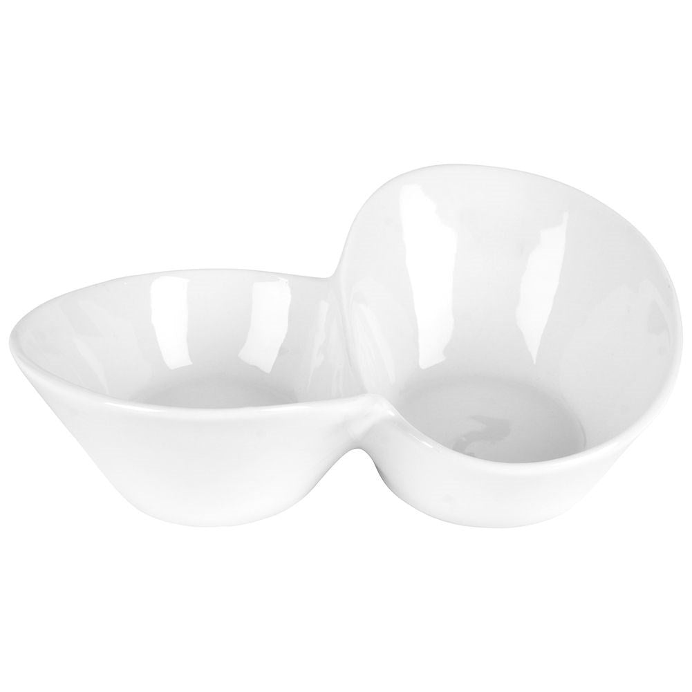 White porcelain snack bowl with two separate compartments