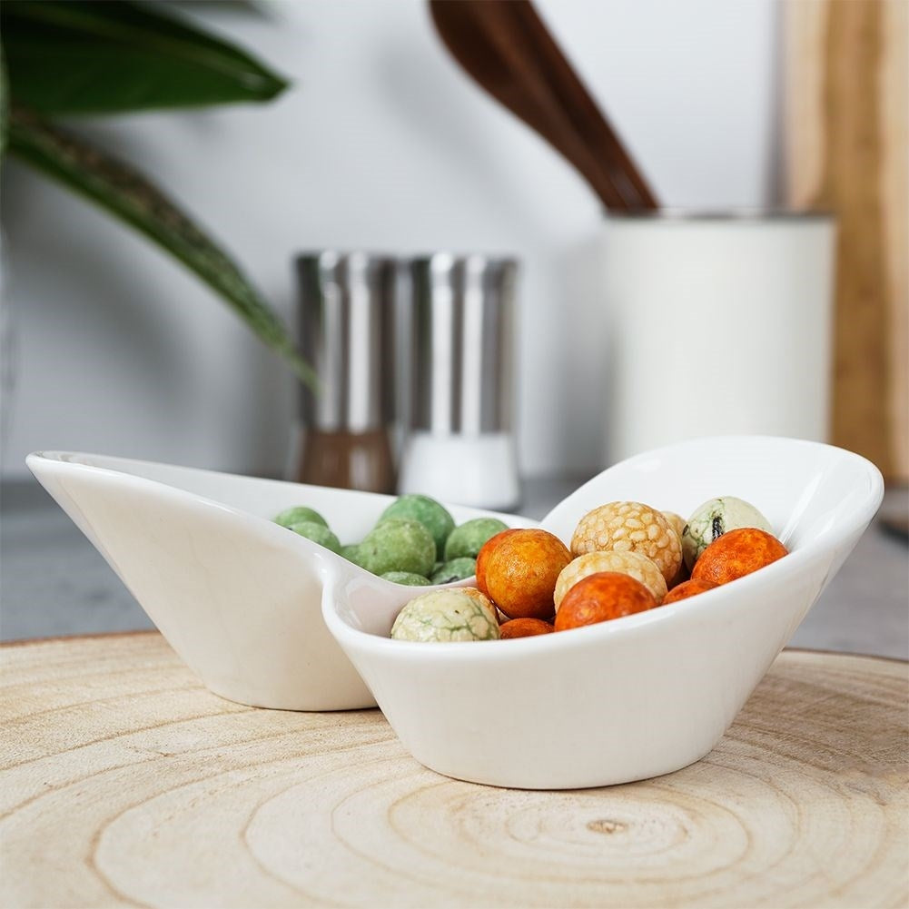 White porcelain snack bowl with two separate compartments