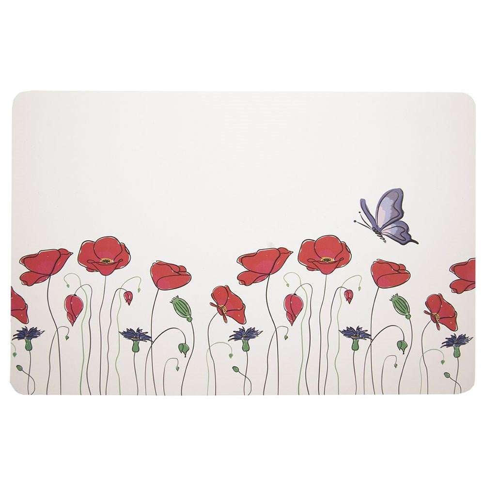 White rectangular plastic kitchen mat with poppy motif