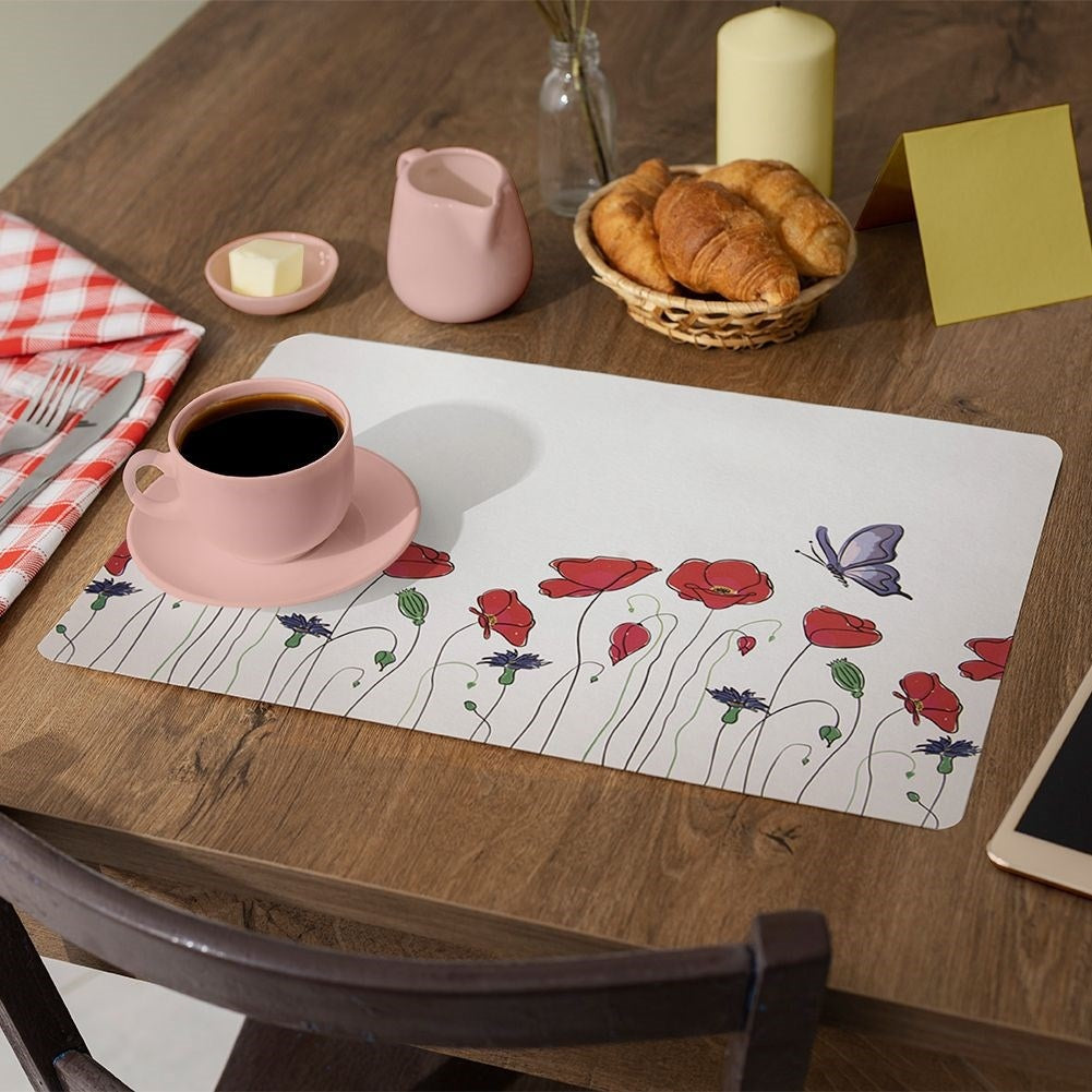 White rectangular plastic kitchen mat with poppy motif