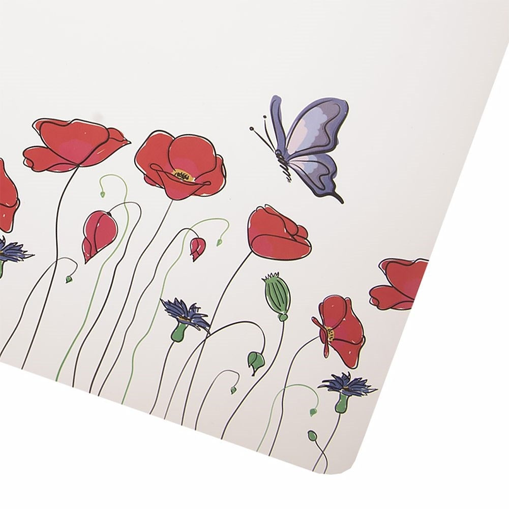 White rectangular plastic kitchen mat with poppy motif