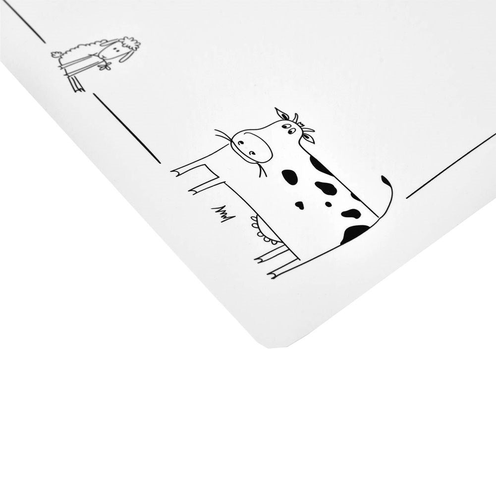 White rectangular plastic placemat with animal motif