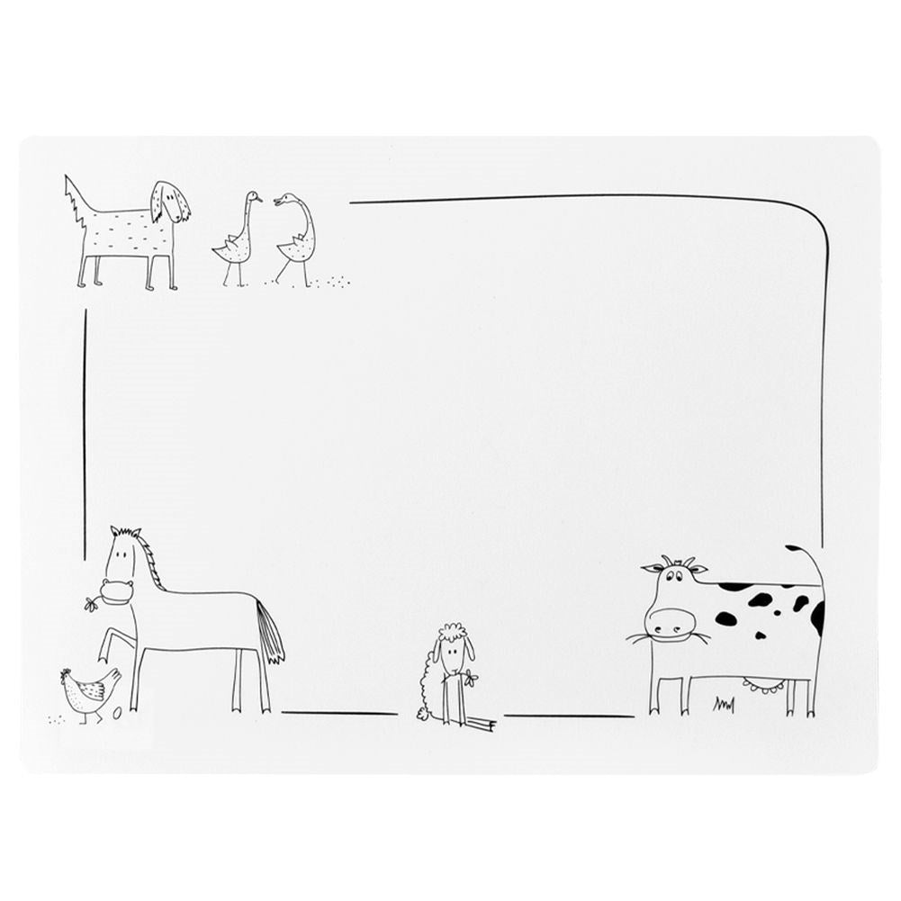 White rectangular plastic placemat with animal motif