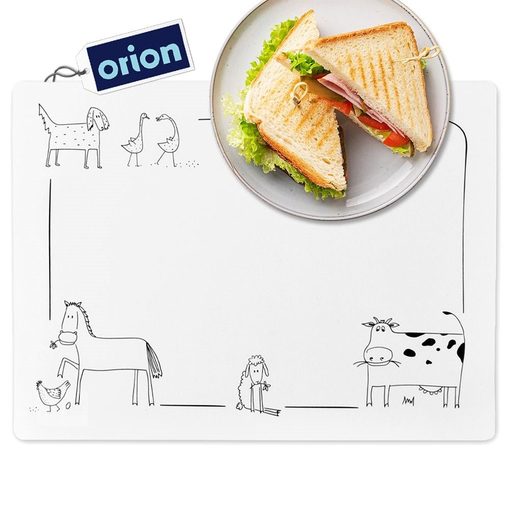 White rectangular plastic placemat with animal motif