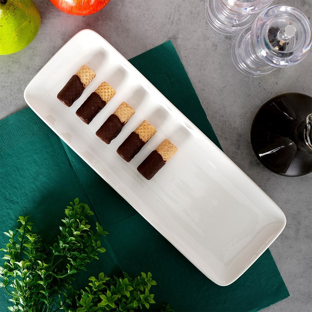 White rectangular serving plate for starters and desserts