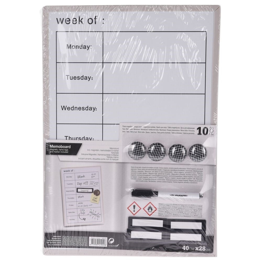 White whiteboard with days of the week - magnetic and writable