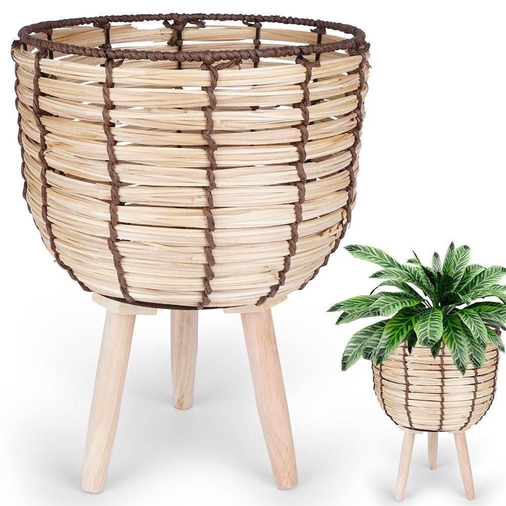 Wicker Flowerpot on Wooden Legs - Boho for Living & Artificial Plants
