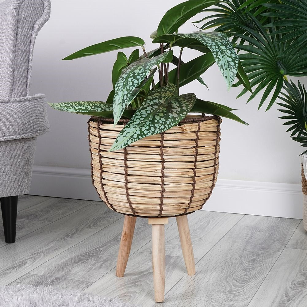 Wicker Flowerpot on Wooden Legs - Boho for Living & Artificial Plants