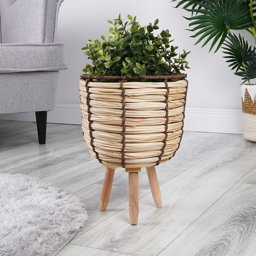 Wicker Pot on Wooden Legs in Modern Boho Style
