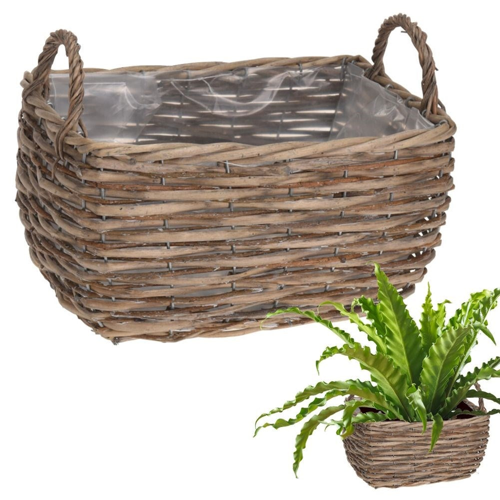 Wicker basket pot with handle for live/artificial plants