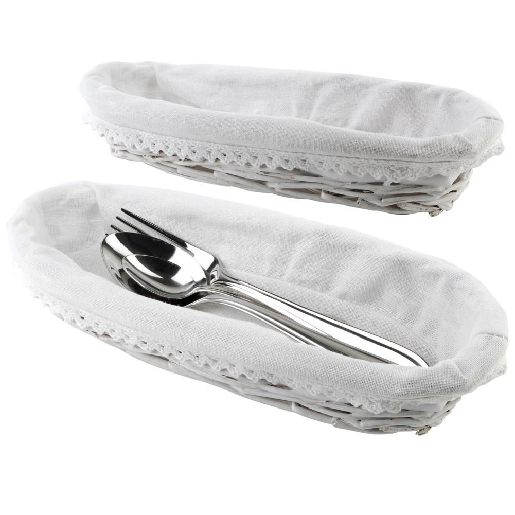 Wicker cutlery basket with light gray fabric for easy cleaning
