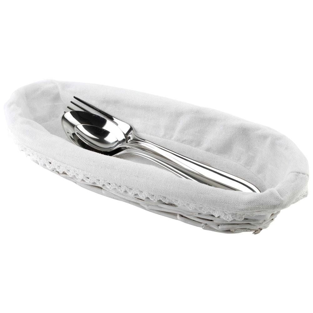 Wicker cutlery basket with light gray fabric for easy cleaning