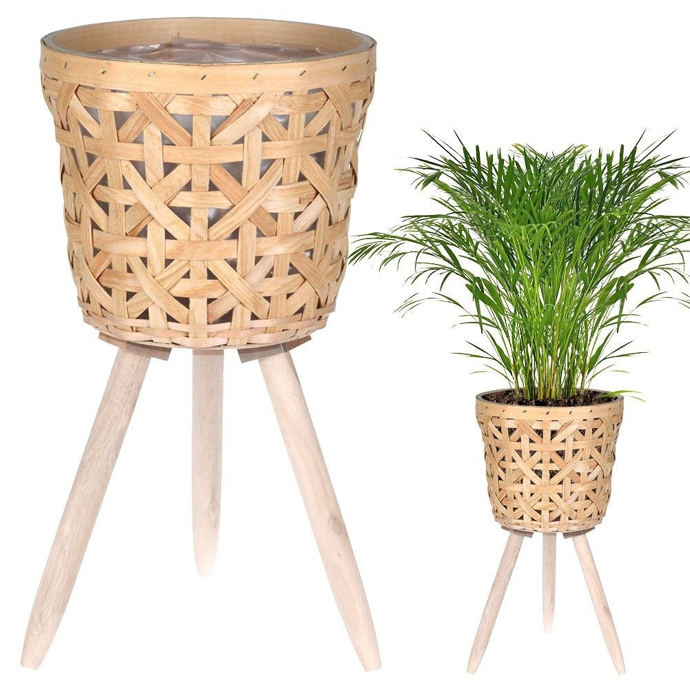 Wicker flower pot on wooden legs for boho style, live/artificial plants