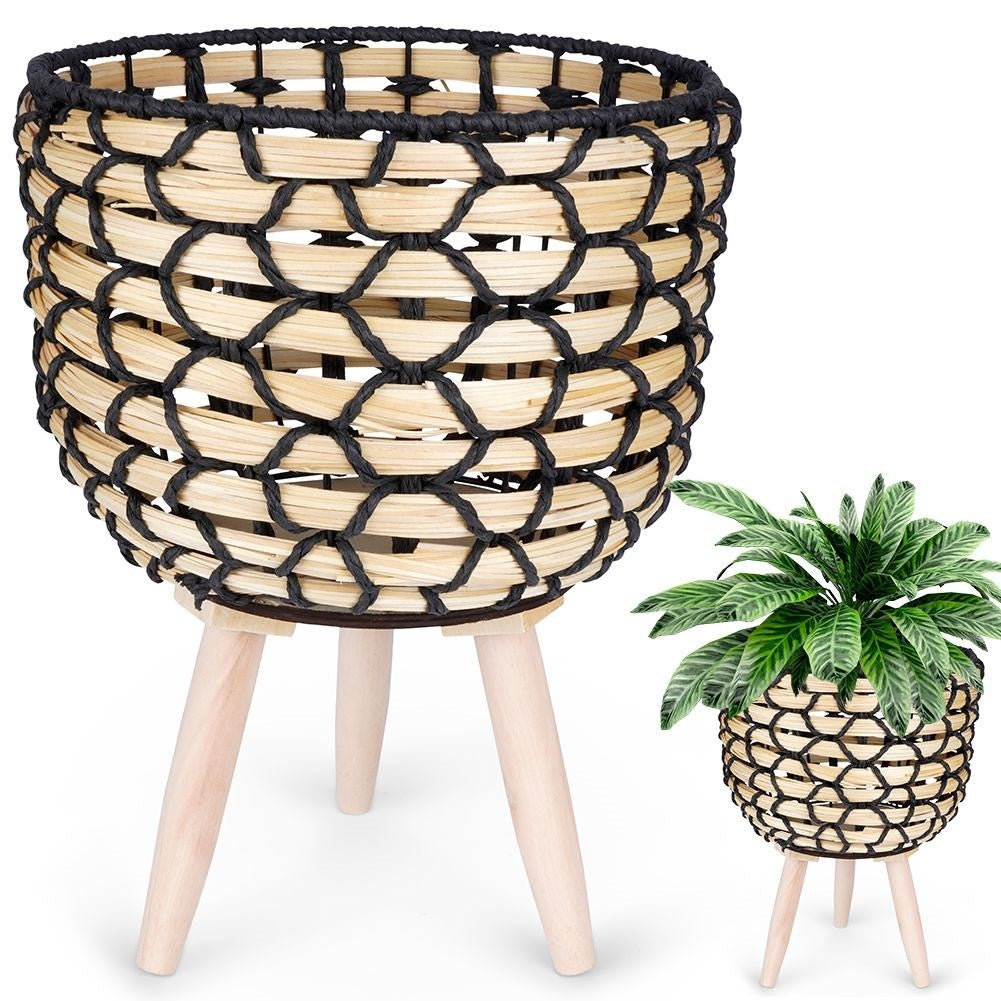 Wicker flower pot with wooden legs for boho decor