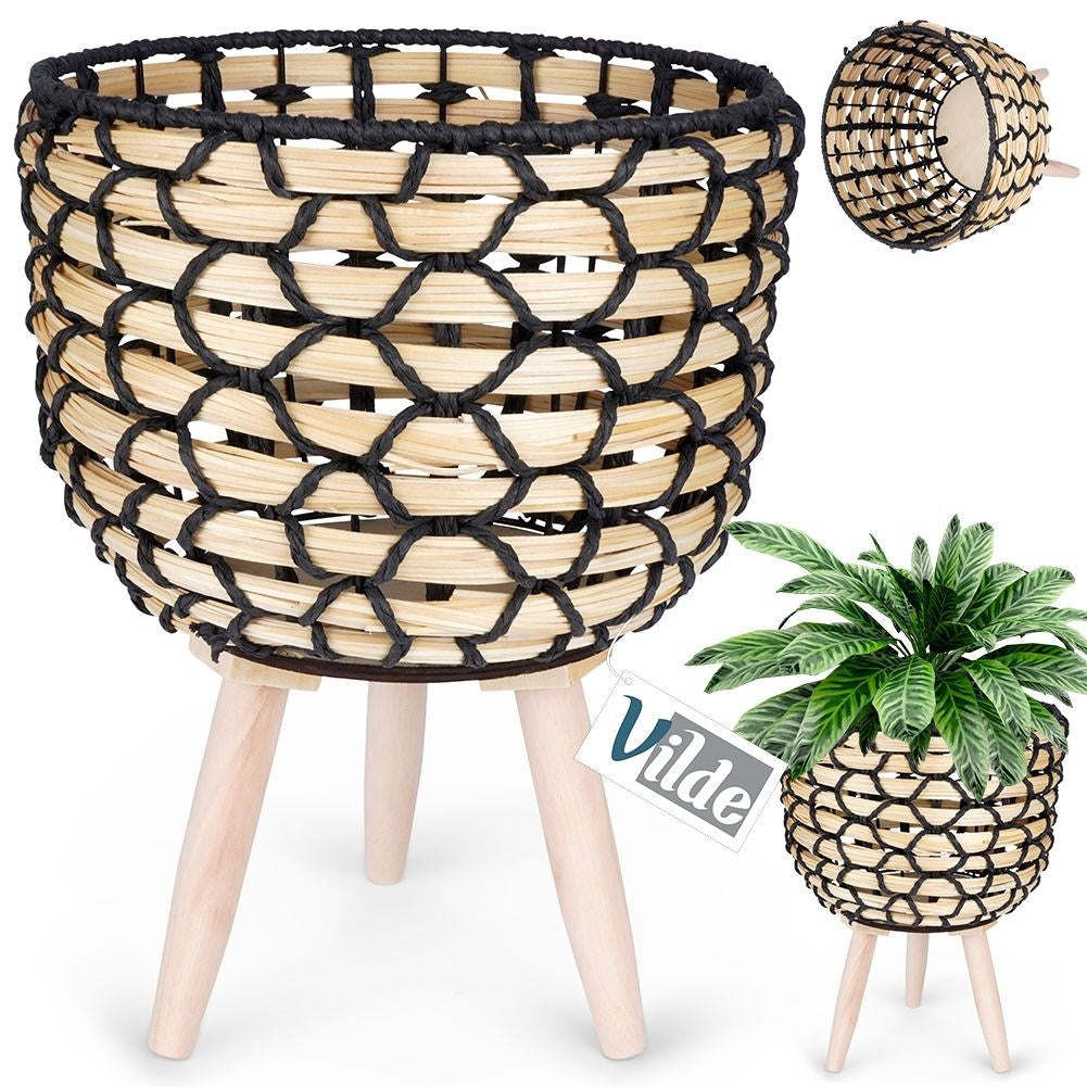 Wicker flower pot with wooden legs for boho decor